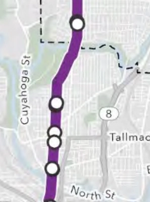 In Purple: METRO RTA's B-4 BRT study route. White dots are proposed BRT stops. Source: METRO RTA BRT Feasibility Report – January 2024. *Questions: Nathan Leppo, Director of Planning and Strategic Development*