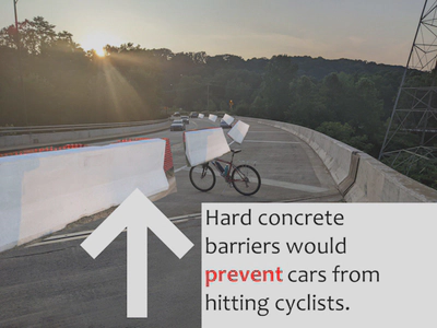 Photo of Memorial Parkway at Uhler Ave. PCB concrete barriers are edited in. Text says 'Hard concrete barriers would prevent cars from hitting cyclists.'