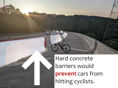 Photo of Memorial Parkway at Uhler Ave. Portable concrete barriers are edited in. Text says 'Hard concrete barriers would prevent cars from hitting cyclists.'